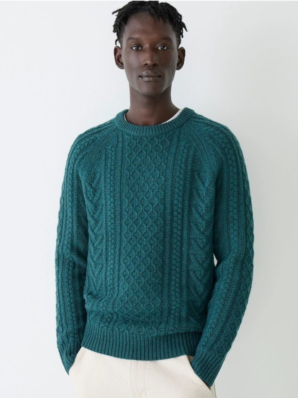 J. Crew Rugged Merino Wool-Blend Cable Knit Sweater Fisherman Heather Spruce